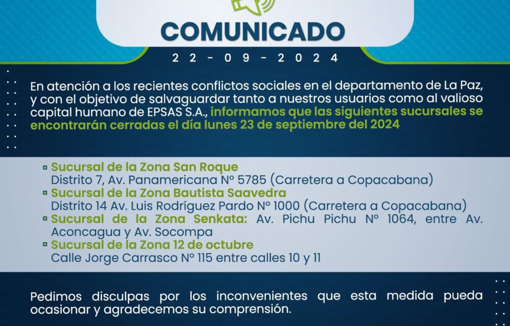 Cuatro sucursales de Epsas en El Alto suspenden atención este lunes por los conflictos