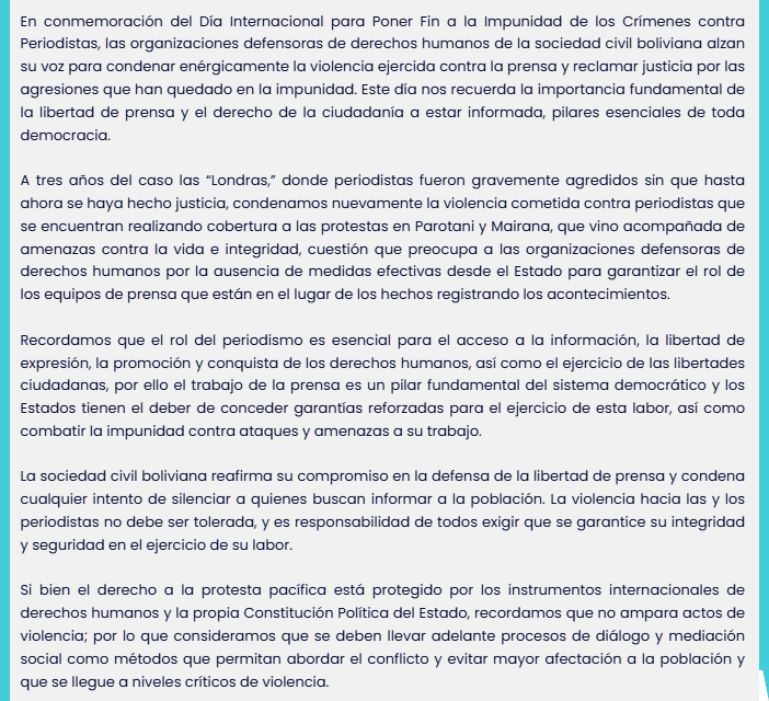 Pronunciamiento por el Día Internacional para Poner Fin a la Impunidad de los Crímenes contra Periodistas