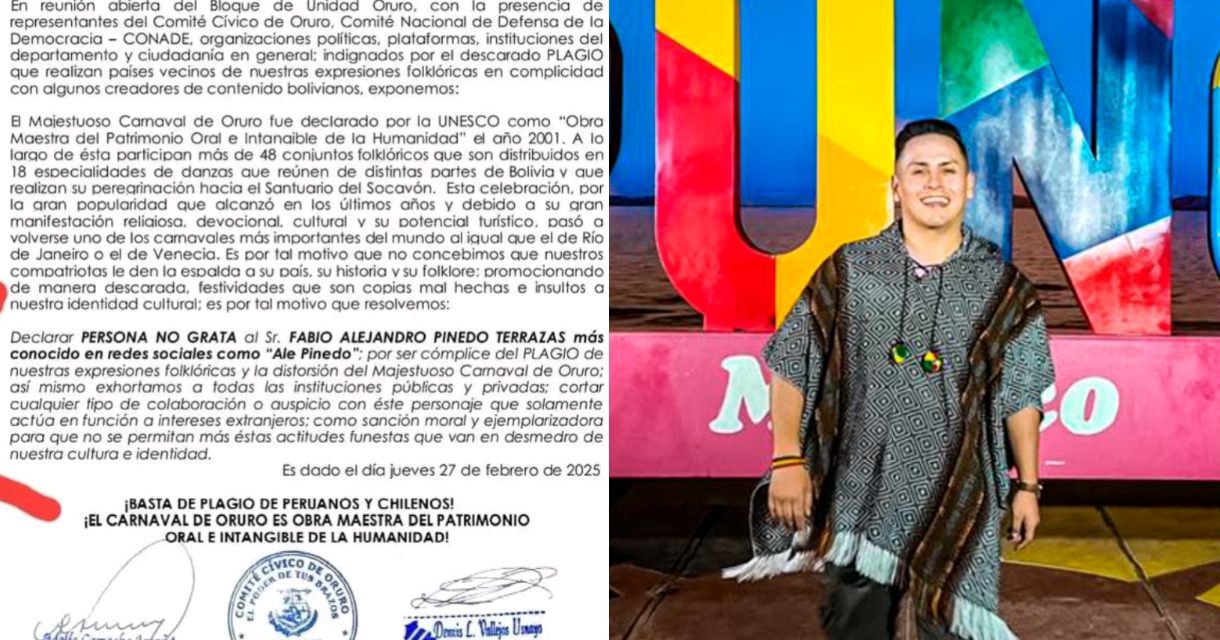 Oruro: Declaran persona no grata al influencer Ale Pinedo por «ser cómplice del plagio»