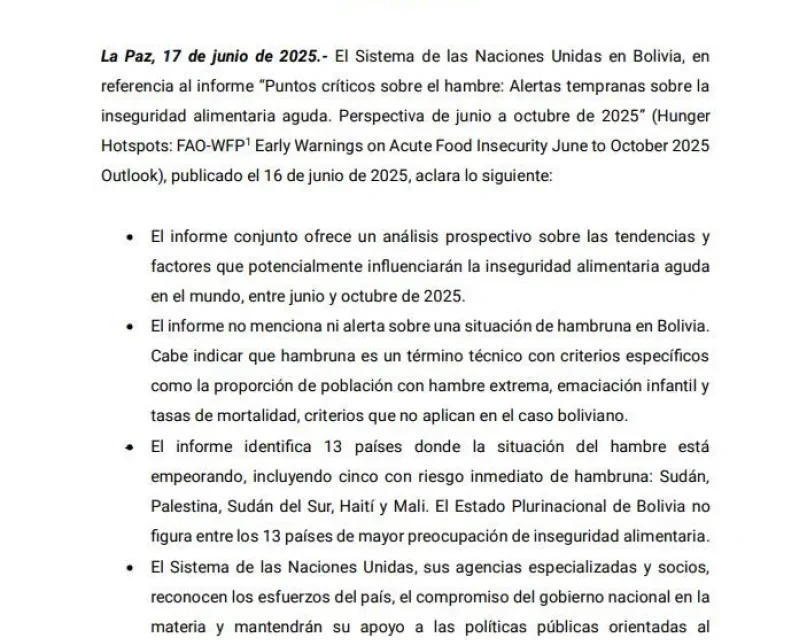 La ONU aclara que su informe “no menciona ni alerta sobre una situación de hambruna en Bolivia”