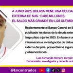 A JUNIO 2025, BOLIVIA TIENE UNA DEUDA EXTERNA DE $US. 13.806 MILLONES, EL SALDO MÁS GRANDE EN LOS ÚLTIMOS 29 AÑOS