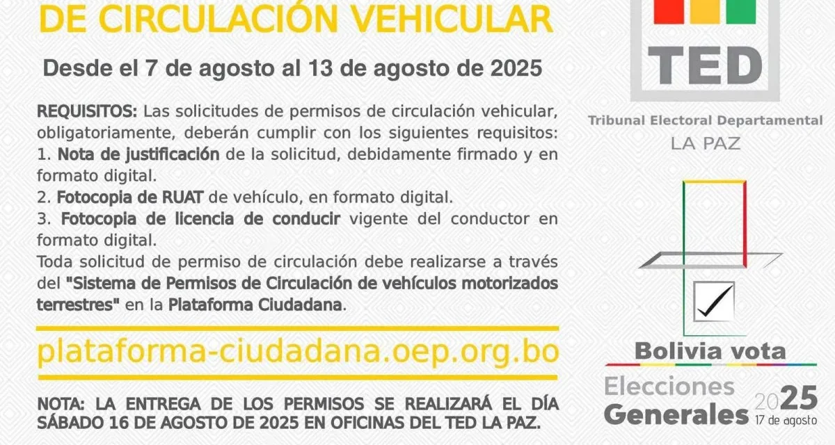 A partir de este jueves y por 7 días se podrá tramitar el permiso de circulación vehicular para las elecciones