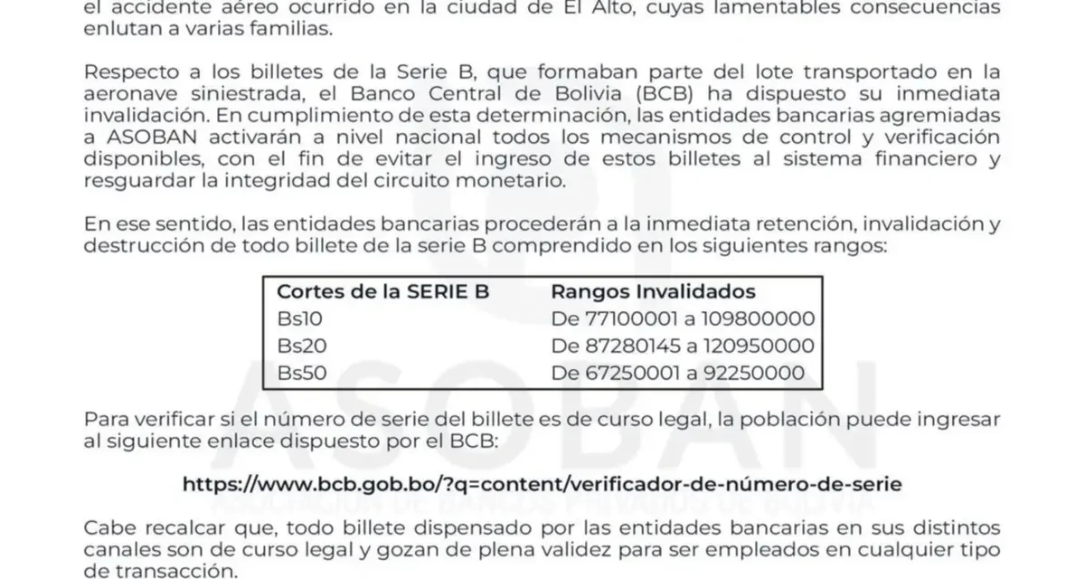 Sistema financiero retendrá y destruirá billetes Serie B invalidados tras el accidente en El Alto