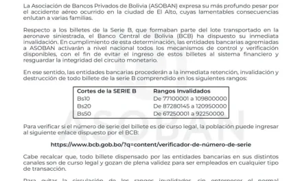 Sistema financiero retendrá y destruirá billetes Serie B invalidados tras el accidente en El Alto