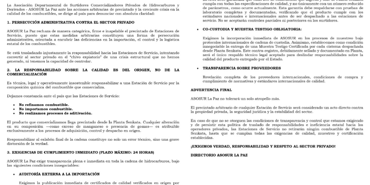 ASOSUR denuncia “persecución administrativa” y rechaza ser “chivo expiatorio” por la calidad de combustibles