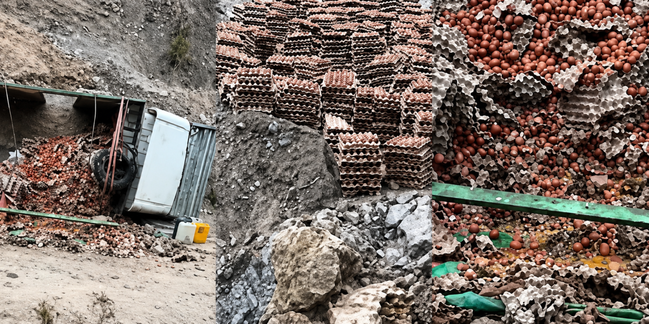 Camión con carga de huevos vuelca en ruta alterna hacia La Paz y productor pierde gran parte de la mercadería